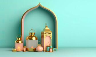 blu podio con oro arco sfondo per eid al adha, ai generato foto