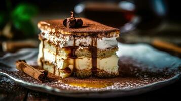 un' avvicinamento rivista qualità tiro di un' meravigliosamente stratificato Tiramisù con cremoso mascarpone e spolverato cacao ai generato foto