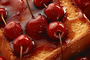 ciliegia pane abbrustolito, macro tiro di un' fresco prima colazione con gocciolante Miele, ai generato foto