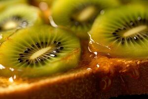 kiwi pane abbrustolito, macro tiro di un' fresco prima colazione con gocciolante Miele, ai generato foto