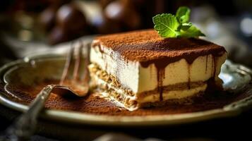 un' avvicinamento rivista qualità tiro di un' meravigliosamente stratificato Tiramisù con cremoso mascarpone e spolverato cacao ai generato foto