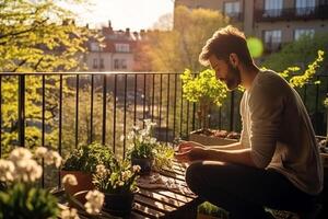 uomo Abbracciare una persona un' sereno mattina routine su un' illuminata dal sole balcone prospiciente un' vivace primavera giardino ai generativo foto