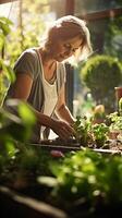 tranquillo primavera scena di un' di mezza età donna nutrimento sua fiorente giardino ai generativo foto