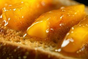 Mango pane abbrustolito, macro tiro di un' fresco prima colazione con gocciolante Miele, ai generato foto