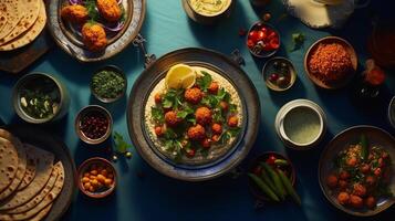 alto intravedere di un' mediterraneo festa hummus Pita pane e Falafel vicino un' tè pentola ai generativo foto