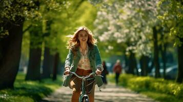 spensierato donna gode un' bicicletta cavalcata attraverso un' lussureggiante verde parco Abbracciare una persona primavera vitalità ai generativo foto