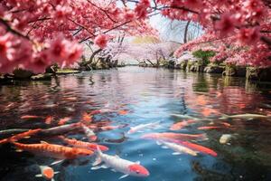 etereo Immagine di un' tranquillo koi stagno circondato di fioritura ciliegia fiori ai generativo foto