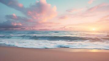 tranquillo spiaggia scena a crepuscolo con morbido tramonto colori mescolanza in cielo per ampio copia spazio ai generativo foto