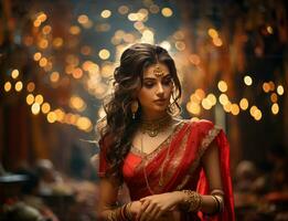 bellissimo ragazza indossare rosso kerala seta saree su bokeh sfondo generativo ai foto