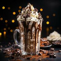 delizioso cioccolato frappè nel un' bicchiere generativo ai foto