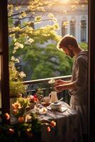 uomo Abbracciare una persona un' sereno mattina routine su un' illuminata dal sole balcone prospiciente un' vivace primavera giardino ai generativo foto