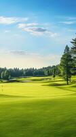 celebrare il radiante bellezza di un' ben mantenuto golf corso sotto un' sognante cielo ai generativo foto