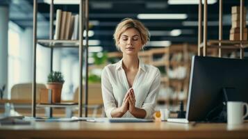 Meditare donna a sua vivace ufficio stazione di lavoro con lato destro copyspace in mostra ufficio profondità ai generativo foto