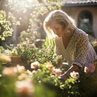 tranquillo primavera scena di un' di mezza età donna nutrimento sua fiorente giardino ai generativo foto