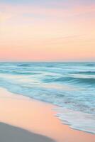 tranquillo spiaggia scena a crepuscolo con morbido tramonto colori mescolanza in cielo per ampio copia spazio ai generativo foto