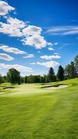 celebrare il radiante bellezza di un' ben mantenuto golf corso sotto un' sognante cielo ai generativo foto