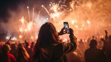 fuochi d'artificio luci durante concerto Festival nel un' di notte, nel folla foto