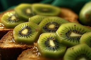 kiwi pane abbrustolito, macro tiro di un' fresco prima colazione con gocciolante Miele, ai generato foto