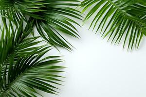 palma albero le foglie creare un' struttura copertura circondato di fresco verde tropicale impianti su un' bianca sfondo foto