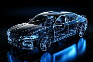 nero sfondo 3d illustrazione di wireframe moderno auto con High Tech utente interfaccia dettagli foto