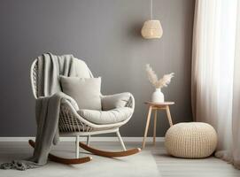 moderno interno con un' sedia, nel il stile di leggero grigio e leggero beige foto