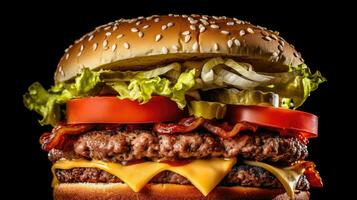 un' avvicinamento rivista qualità tiro di un' succulento Hamburguer ai generato foto