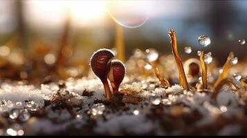 germinazione semi di verdura su il terra sotto neve nel inverno, ai generato foto