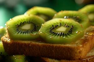 kiwi pane abbrustolito, macro tiro di un' fresco prima colazione con gocciolante Miele, ai generato foto