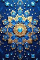 un' blu fantasia carta con un' d'oro floreale elementi, generativo ai foto