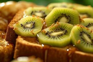 kiwi pane abbrustolito, macro tiro di un' fresco prima colazione con gocciolante Miele, ai generato foto