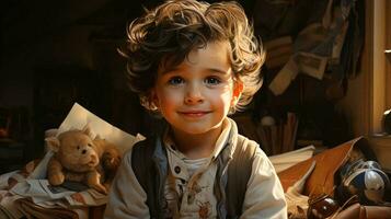 ritratto di un' poco sorridente bambino con biondo capelli nel sua camera foto