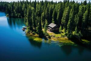 aereo Visualizza di un' piccolo di legno Casa su il sponde di il lago. aereo Visualizza di di legno Villetta nel verde pino foresta di il blu lago nel rurale estate Finlandia, ai generato foto