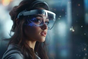 ar bicchieri tecnologia concetto con trasparente occhiali. Augmented la realtà futuristico immersiva Esperienza. generato ai foto