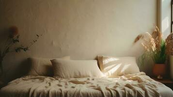 generativo ai, rilassante Camera da letto dettaglio di letto con naturale biancheria strutturato biancheria da letto, smorzato neutro estetico colori foto
