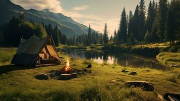 generativo ai, campeggio all'aperto concetto vicino il lago o fiume, turista campo su il bellissimo verde paesaggio con montagne foto