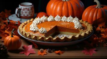 zucca torta con frustato crema e cannella su rustico sfondo foto