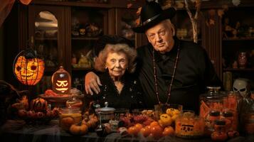 vestito su nel costumi, nonni celebrare Halloween. foto