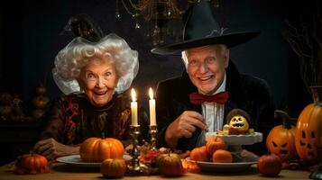 vestito su nel costumi, nonni celebrare Halloween. foto