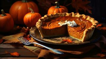 zucca torta con frustato crema e cannella su rustico sfondo foto