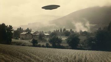 generativo ai, ufo al di sopra di il italiano paesaggio Vintage ▾ foto, alieni Testimoni retrò 1930 stile fotografia foto