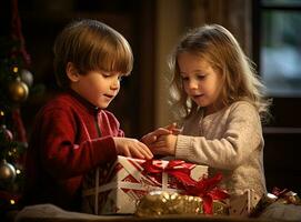 bambini disimballaggio Natale regalo. bambini apertura regali durante inverno vacanze. generato ai. foto