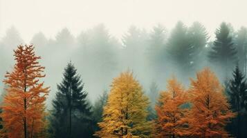 nebbioso foresta durante autunno con alto alberi e multicolore foglie, fornire ampio copia spazio ai generativo foto