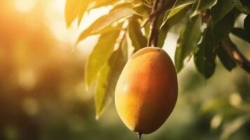 tropicale maturo giallo Mango frutta sospeso su albero ramo con bellissimo azienda agricola e luce del sole ai generato foto