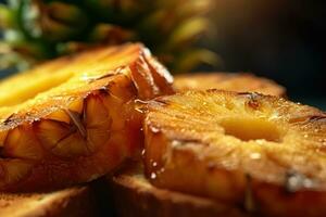 ananas pane abbrustolito, macro tiro di un' fresco prima colazione con gocciolante Miele, ai generato foto