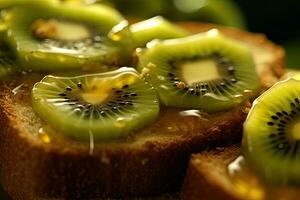 kiwi pane abbrustolito, macro tiro di un' fresco prima colazione con gocciolante Miele, ai generato foto