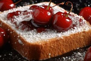 ciliegia pane abbrustolito, macro tiro di un' fresco prima colazione con gocciolante Miele, ai generato foto