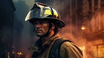 un' coraggioso pompiere contro il fondale di un' ardente costruzione. foto