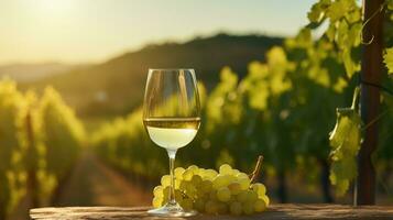 un' bicchiere di bianca vino contro il fondale di vigneti nel il sole. foto