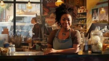 sorridente fiducioso africano americano giovane donna. nero attraente femmina barista foto