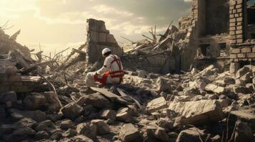 uomo soccorritore e medico a il luogo di rovine dopo un' disastro e terremoto foto